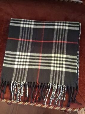 Black Plaid Burberry Cashmere Women's Scarf with Red Accent Stripe